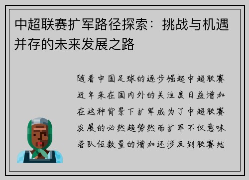 中超联赛扩军路径探索：挑战与机遇并存的未来发展之路