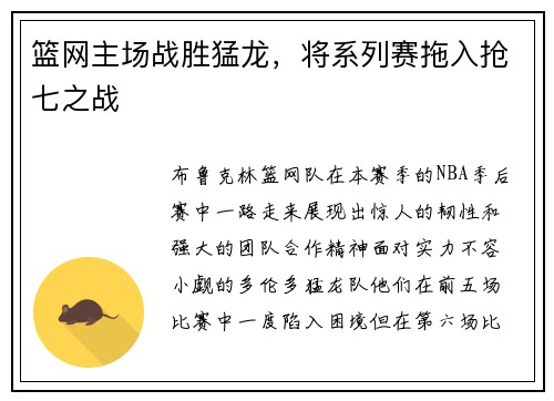 篮网主场战胜猛龙，将系列赛拖入抢七之战