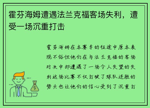 霍芬海姆遭遇法兰克福客场失利，遭受一场沉重打击